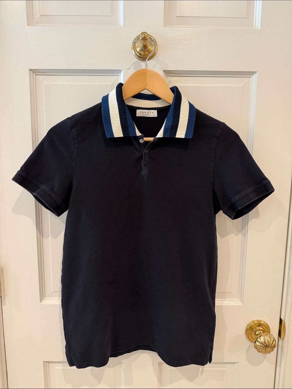 Sandro Black Polo with Blue and White Striped Collar